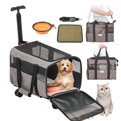 VEVOR Cat Carrier With Wheels, Airline Approved Rolling Pet Carrier With Telescopic Handle And Shoulder Strap, Dog Carrier With Wheels For Pets Under 22 Lbs, With 1 Folding Bowl, Grey - Bright ideas